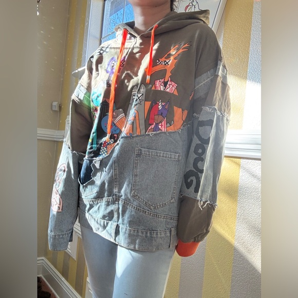 Graphic Patchwork Hoodie with Orange Accents - Picture 2 of 9